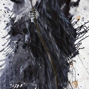 May include: Abstract artwork featuring a cloaked figure holding a staff with a red tip. The figure is rendered in shades of black and gray against a white background with black paint splatters. Panel size is 24" x 43".