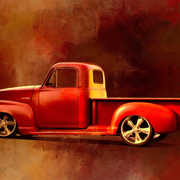 RED PICK Me up CHEVY Truck Quilt Panel that is Digitally Printed 1953 Chevy Pickup