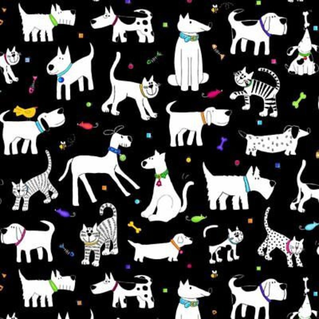 Epic Fabric Woof and Whiskers Dogs and Cats on Black Background With ...