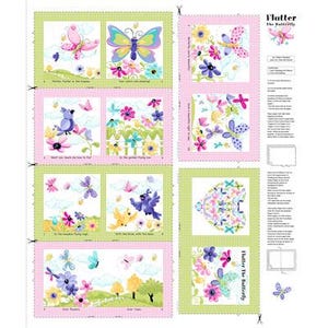 May include: A fabric panel featuring colorful butterfly and floral illustrations. The design includes butterflies, flowers, birds, and text, set within pink and green gingham borders. The text includes phrases like "Flutter the Butterfly".
