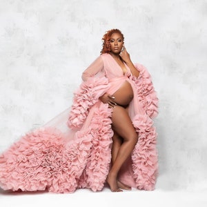 READY TO SHIP Tulle Ruffle Maternity Gown, Sheer Maternity Robe with Long Sleeves and Extra Ruffles, Extra Puffy Ruffle Maternity Robe