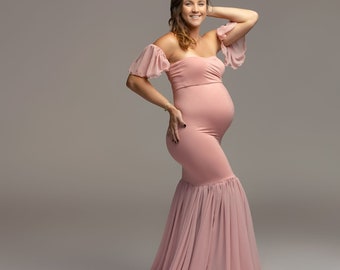 Jersey Knit Maternity Gown with Chiffon Train, Fitted Knit Maternity Gown with Drop Flutter Sleeves, Chiffon & Jersey Knit Maternity Gown