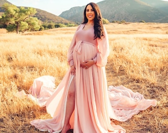 Flowy Maternity Dress with Removable Tossing Train, Chiffon & Jersey Knit Flying Maternity Dress, Plus Size Maternity Gown with Flying Train