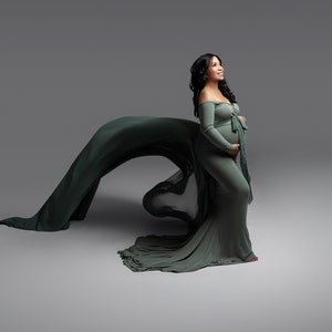 Off-the-Shoulder Floor-Length Jersey Knit Maternity Dress, Maternity Gown with Detachable Tossing Train, Fitted Long-Sleeve Maternity Gown