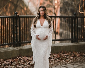 Ivory Lace Maternity Dress | Boho Maternity Wedding Dress | V Neck Maternity Dress | Vintage Lace Maternity Dress | Jersey Maternity Dress