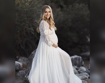 Lace Maternity Gown for Weddings and Photoshoots, Empire Waist Lace Maternity Dress, Long-Sleeve Lace and Chiffon Maternity Gown