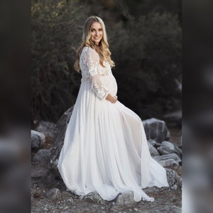 Lace Maternity Gown for Weddings and Photoshoots, Empire Waist Lace Maternity Dress, Long-Sleeve Lace and Chiffon Maternity Gown