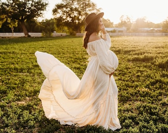 Creme Leinen Umstandskleid, Boho Umstandskleid, Boho Umstandskleid, Schulterfreies Umstandskleid, Fließendes Umstandskleid