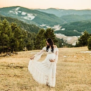 Off-the-Shoulder Lace Maternity Gown, Boho-Style Ivory Lace Maternity Dress, Long-Sleeve Lace Maternity Gown for Photoshoots and Weddings