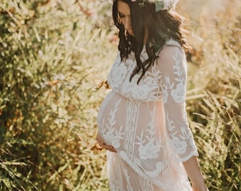 Boho Embroidered Maternity Dress | Sheer Maternity Dress | Lace Maternity Dress | Boudoir Maternity Dress | Handmade Maternity Dress