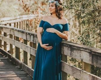 Off the Shoulder Baby Shower Dress Maternity Gown Photography Sweetheart Maternity Dress For Photography Short Sleeve Maternity Photo Shoot