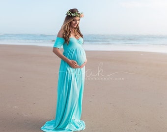 Short-Sleeve Off-the-Shoulder Maternity Gown, Off-the-Shoulder Floor-Length Maternity Dress, Short-Sleeve Jersey Knit Maternity Gown