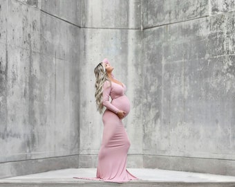 Lissa V Neck Maternity Dress, Form Fitting Maternity Dress, Long Sleeve Maternity Dress, Fitted Maternity Dress, Maternity Dress with Train