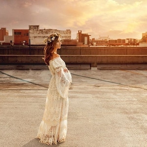 Embroidered Lace Maternity Gown: Off-Shoulder Boho Dress