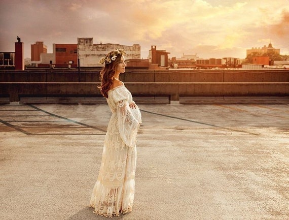 boho off the shoulder maternity dress Embroidered Lace Gown: Off-shoulder 55 inches