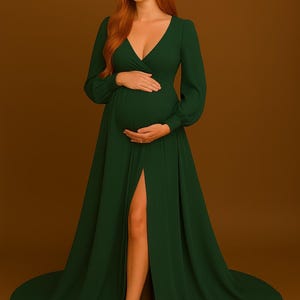 Long Sleeve Maternity Gown: V-Neck Photo Shoot Dress
