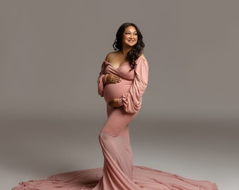 Stretch Jersey Knit Long-Sleeve Maternity Gown, Fitted Jersey Knit Maternity Gown with Chiffon Train, Summer Maternity Gown for Photoshoots