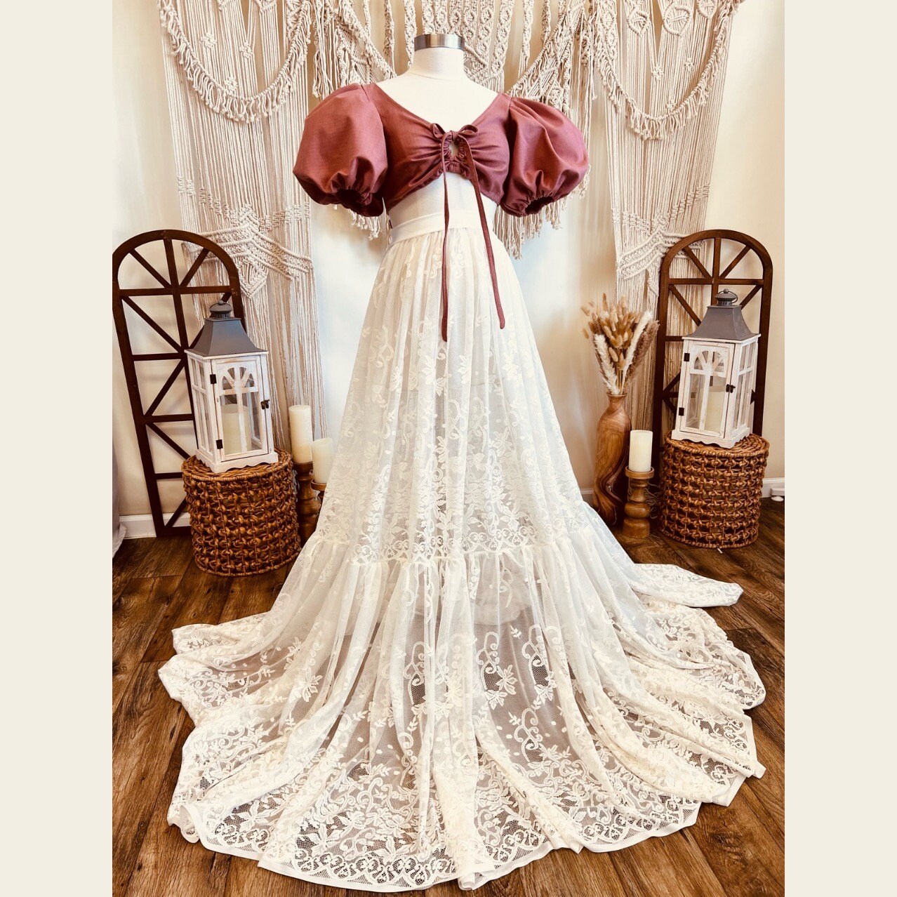 Zweiteiler Set Top und Rock für die Mutterschaft Fotografie Puffärmel Top Spitze Mutterschaft Rock Mutterschaft Trennt Baby Shower Outfit Kleid