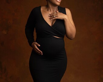 Black Maternity Dress, Fitted Maternity Dress, Jersey Maternity Dress, Long Sleeve Maternity Dress, Maternity Dress with Train Leg Split