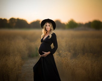 Black Long Sleeve Maternity dress with Deep V neck Long Maternity Dress V Neck Maternity Dress Fall Materntiy Dress for Photo Shoot