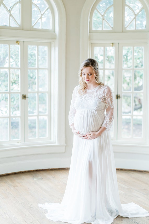 Lace Maternity Gown for Weddings and Photoshoots, Empire Waist Lace  Maternity Dress, Long-sleeve Lace and Chiffon Maternity Gown 