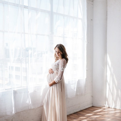 Lace Sleeve Chiffon Maternity Gown: V-neck Baby Shower Dress - Etsy