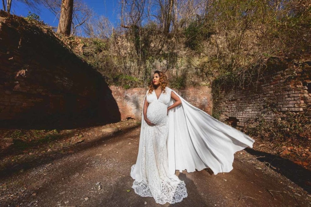 Ivory Boho Lace Maternity Gown, Boho Maternity Wedding Dress With Long