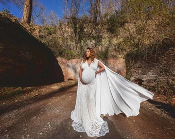 Ivory Boho Lace Maternity Gown, Boho Maternity Wedding Dress with Long Open Chiffon Sleeves, Boho Wedding Dress Lace Boho Maternity Gown