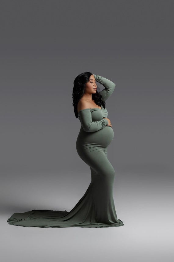 Off the Shoulder Maternity Gown: Long Sleeve Sweetheart Dress