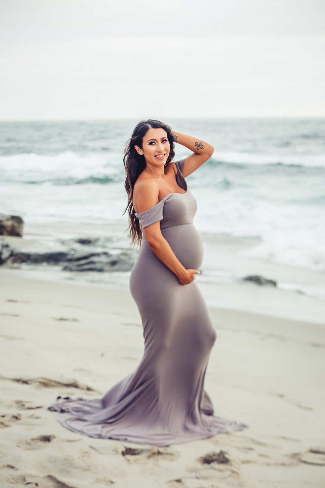 Lace Maternity Photo Shoot Long Sleeve Bodysuit + High Slit Pregnancy  Dresses