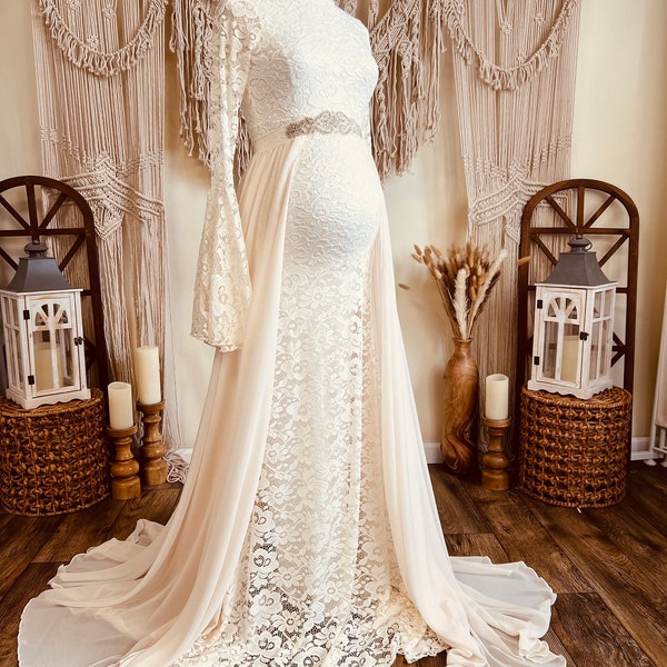 Robe de grossesse en dentelle ivoire | Robe de mariée maternité bohème Robe de maternité à col montant | robe de maternité en dentelle vintage | Maternité Strass