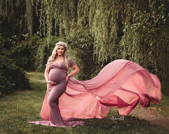 Short-Sleeve Jersey Knit Maternity Dress, Form-Fitting Maternity Gown with Long Chiffon Train, Plus Size Maternity Dress for Photoshoot