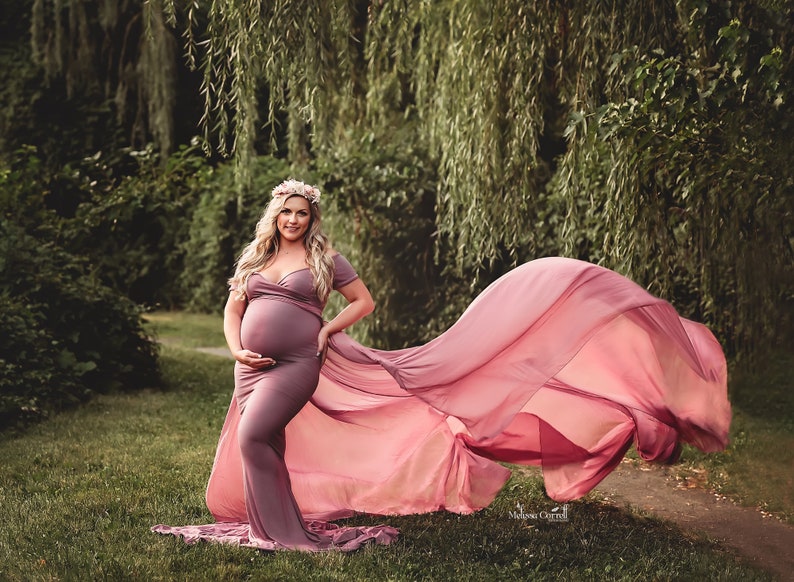 Short-Sleeve Jersey Knit Maternity Dress, Form-Fitting Maternity Gown with Long Chiffon Train, Plus Size Maternity Dress for Photoshoot image 1
