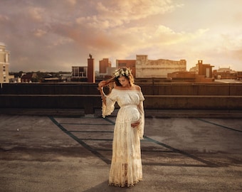 KLAAR VOOR VERZENDING Geborduurde zwangerschapsjurk, off-the-shoulder zwangerschapsjurk, Boho-stijl kanten zwangerschapsjurk, zwangerschapsjurk voor fotoshoot