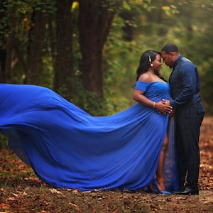 Chiffon Maternity Gown: Jersey Knit, Off-Shoulder, Flying Train