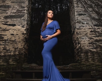 Flutter Sleeve Maternity Gown: Fitted Jersey Knit Photo Prop