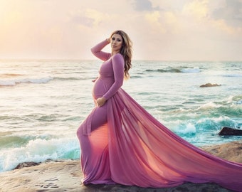 Long-Sleeve Fitted Maternity Gown for Photoshoots, Jersey Knit Maternity Gown with Detachable Flying Train, Plus Size Flying Maternity Gown