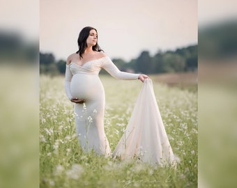Off-the-Shoulder Fitted Wedding Maternity Gown, Wedding Maternity Dress & Long Train, Soft Jersey and Lace Romantic Wedding Maternity Dress
