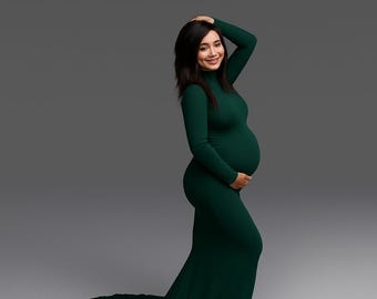 Cream Jersey Knit Maternity Gown: Long Sleeve Mock Neck Dress