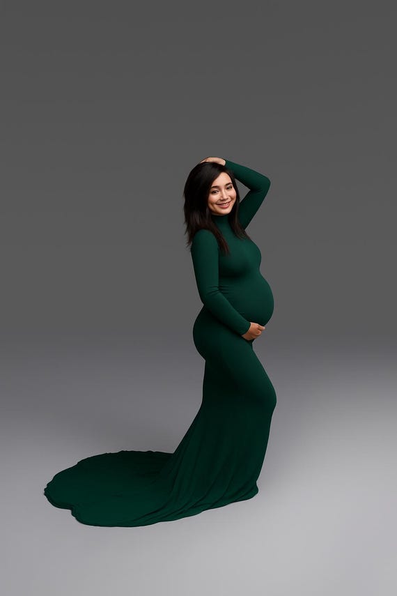 Cream Jersey Knit Maternity Gown: Long Sleeve Mock Neck Dress