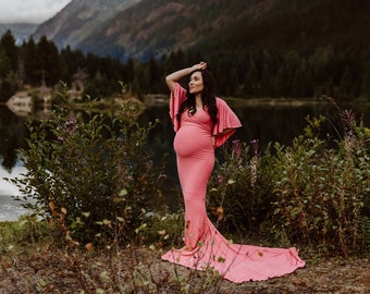 Flutter Sleeve Sweetheart Maternity Gown, Full-Length Stretch Jersey Maternity Gown, Short Flutter Sleeve Fitted Jersey Maternity Gown
