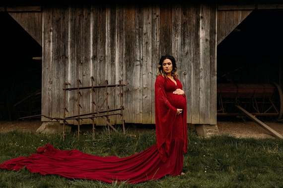 Fitted Boho Lace Maternity Gown With Tossing Train, Flowing Long