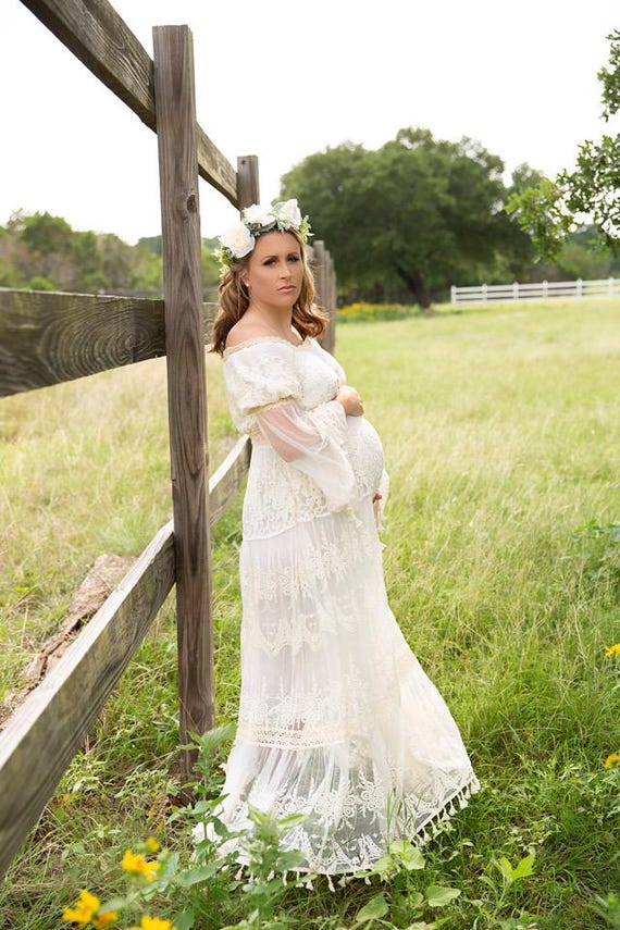 ivory maternity dress Boho Lace Gown: Off-the-shoulder Long Sleeve fitted maternity wedding dress