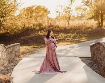 Long-Sleeve Jersey Maternity Gown, Plus Size Flowing Maternity Gown, Long-Sleeve Flowing Maternity Dress for Photoshoots and Special Events