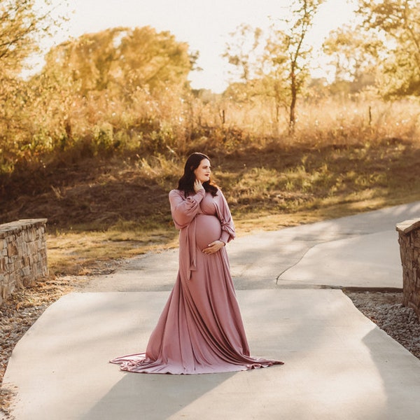 Long-Sleeve Jersey Maternity Gown, Plus Size Flowing Maternity Gown, Long-Sleeve Flowing Maternity Dress for Photoshoots and Special Events