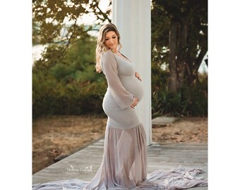 Long-Sleeve Maternity Dress with Tossing Train, Jersey Knit & Chiffon Maternity Dress with Flying Train, Full-Length Fitted Maternity Gown