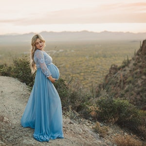 Karina is the boho lace maternity dress of your dreams. With a sheer bust and chiffon skirt, this maternity gown is a beautiful option for your maternity shoot or special event. Crochet lace and long sleeves add interest to the gorgeous look.