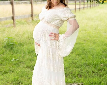 chinese dress ladies PinkBlush White Lace Off Shoulder Maternity Photoshoot Gown/Dress main image 1