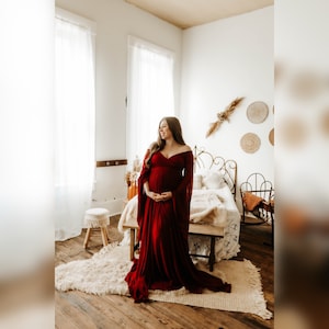 Off-the-Shoulder Flowing Maternity Dress, Jersey Knit Maternity Gown with Chiffon Skirt, Plus Size Flying Maternity Gown for Photoshoots