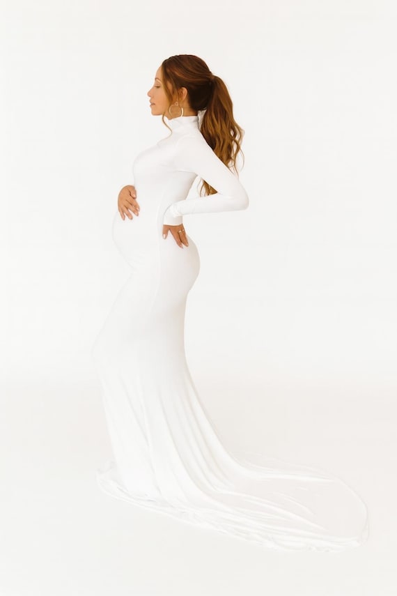 Fitted Maternity Dress: Jersey Knit Turtleneck Gown with Train